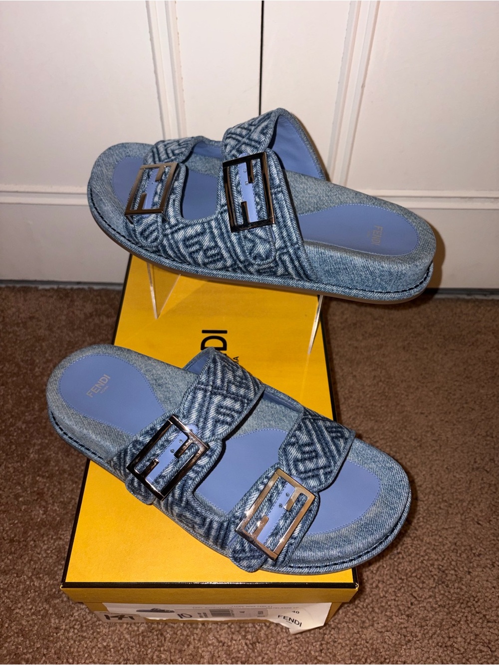 Fendi Women’s Light Blue Denim Double-Buckle Slide Sandals Size 10